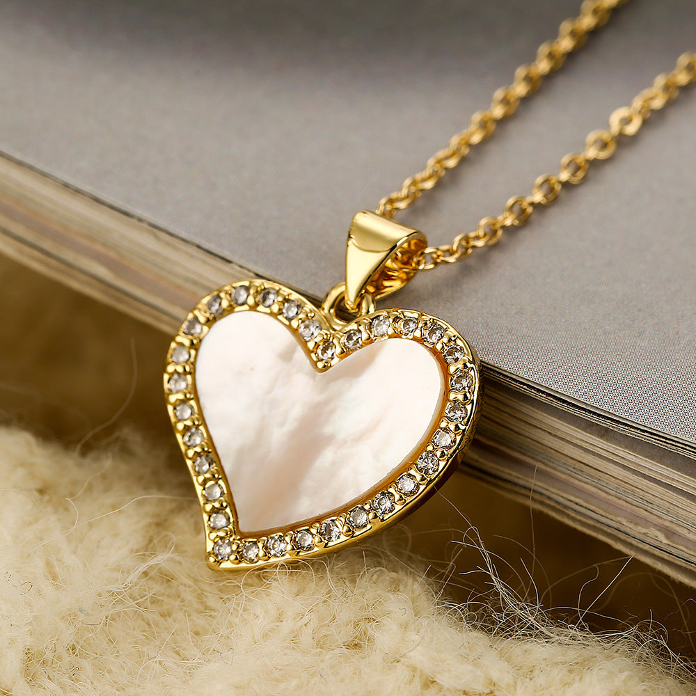 Collana con Pendente a Cuore Minimalista in Rame, Placcata Oro 18K e con Intarsio di Zirconi, da Donna