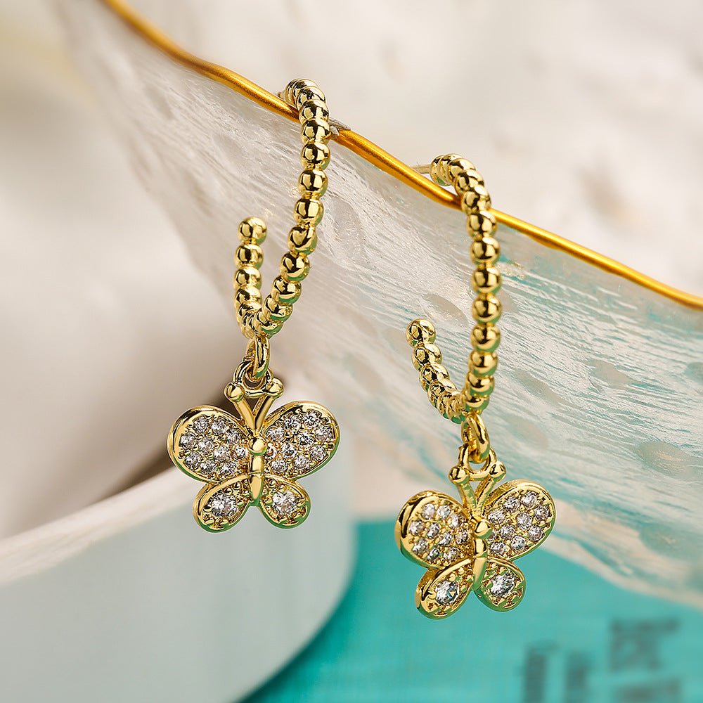 Minimalist Butterfly and Star-Shaped Copper Earrings with Real Gold Plating and Zircon Inlay for Women