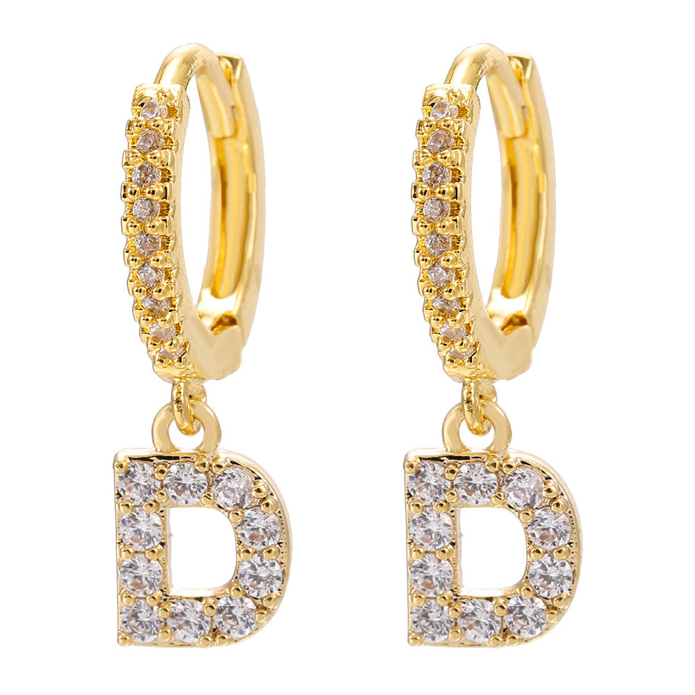 Elegant Gold Plated Letter Cubic Zirconia Inlay Brass Earrings