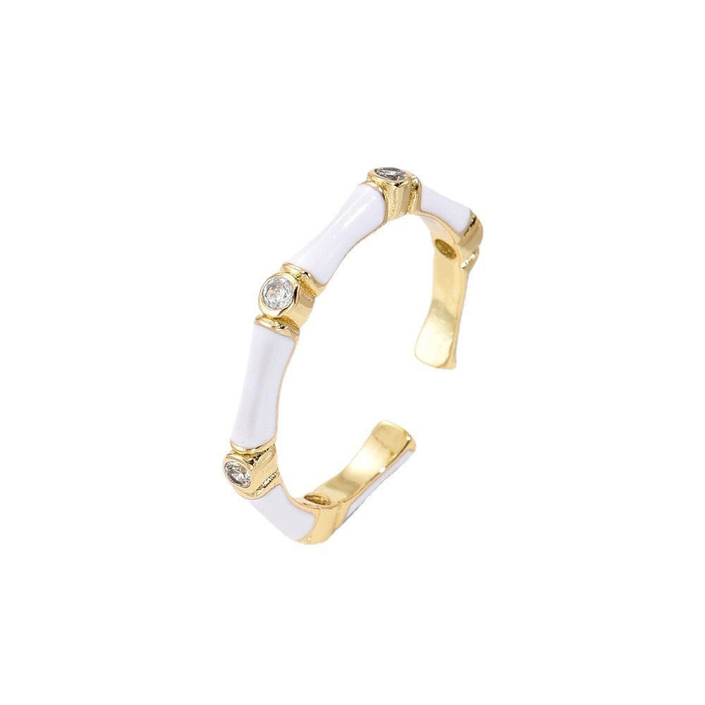 Elegant French-Style Geometric Copper Ring with Real Gold Plating and Enamel Zirconia for Women