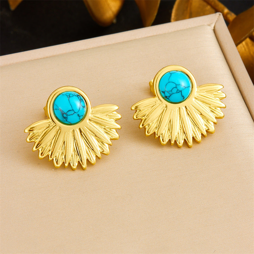 Vintage Gold Plated Heart Teardrop Stainless Steel Necklace and Earring Set with Turquoise and Pearl on Snake Chain for Women