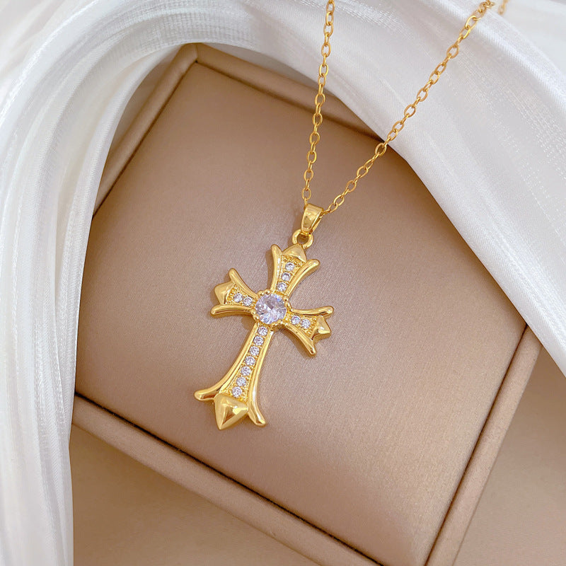 Luxury Stainless Steel Cross Pendant Necklace with Full Rhinestone Inlay for Women Geometric Shape Delicate Clavicle Chain