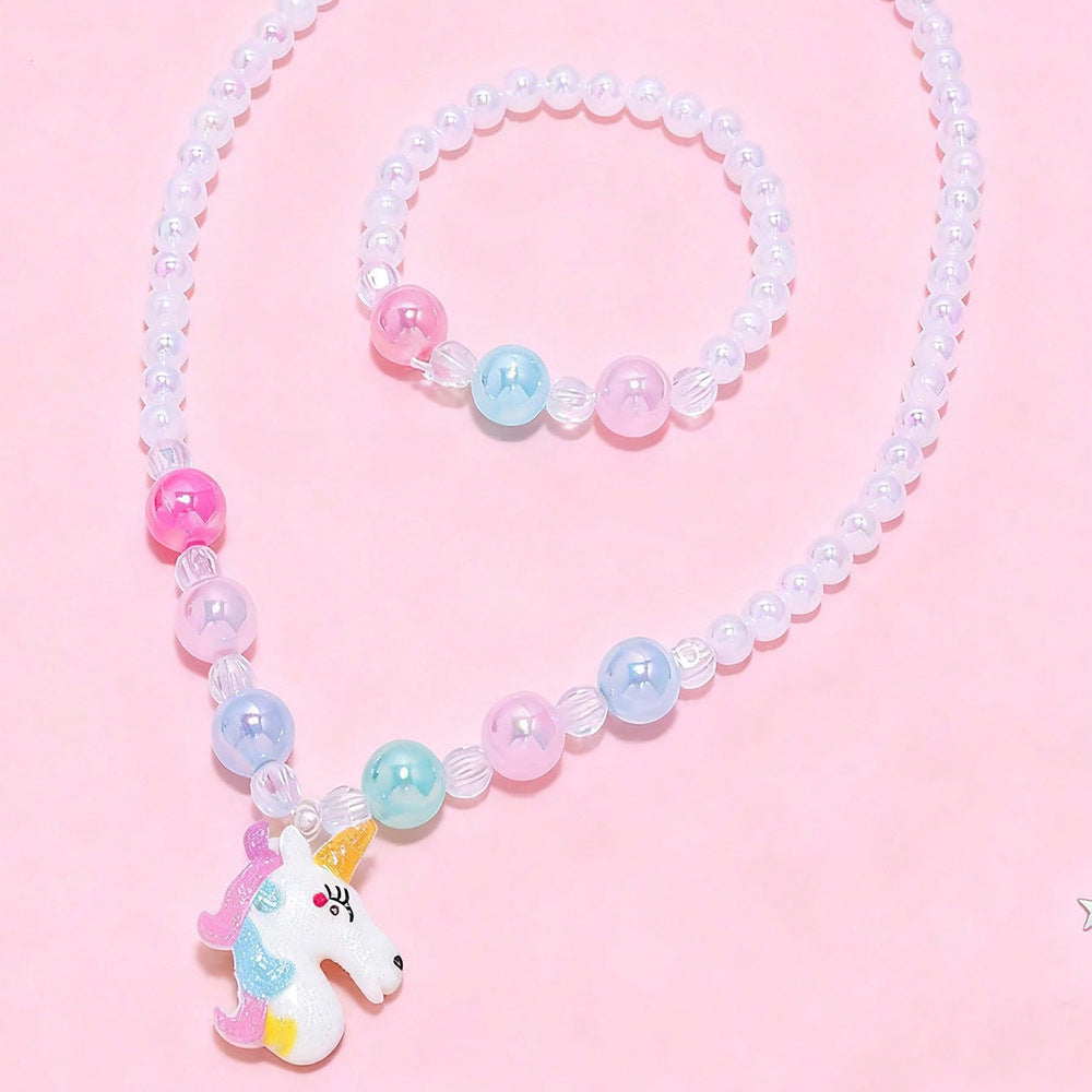 Set Collana Pendente Unicorno Cartone Animato per Bambine con Ciondolo in Resina e Catena di Perline Stile Principessa