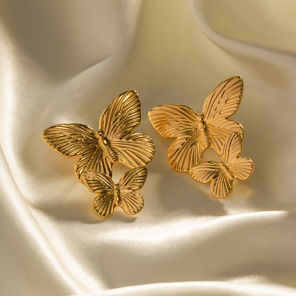 Vintage French Palace Style Matte Antique Gold Stainless Steel Butterfly Geometric Earrings