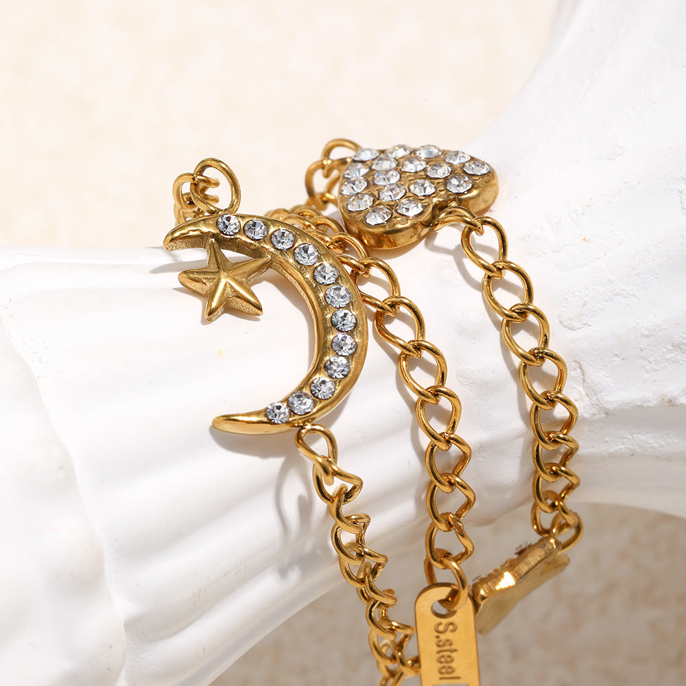 Bracciale da donna in acciaio inossidabile placcato oro 18 carati con cuore, stella e luna, dal design geometrico e minimalista