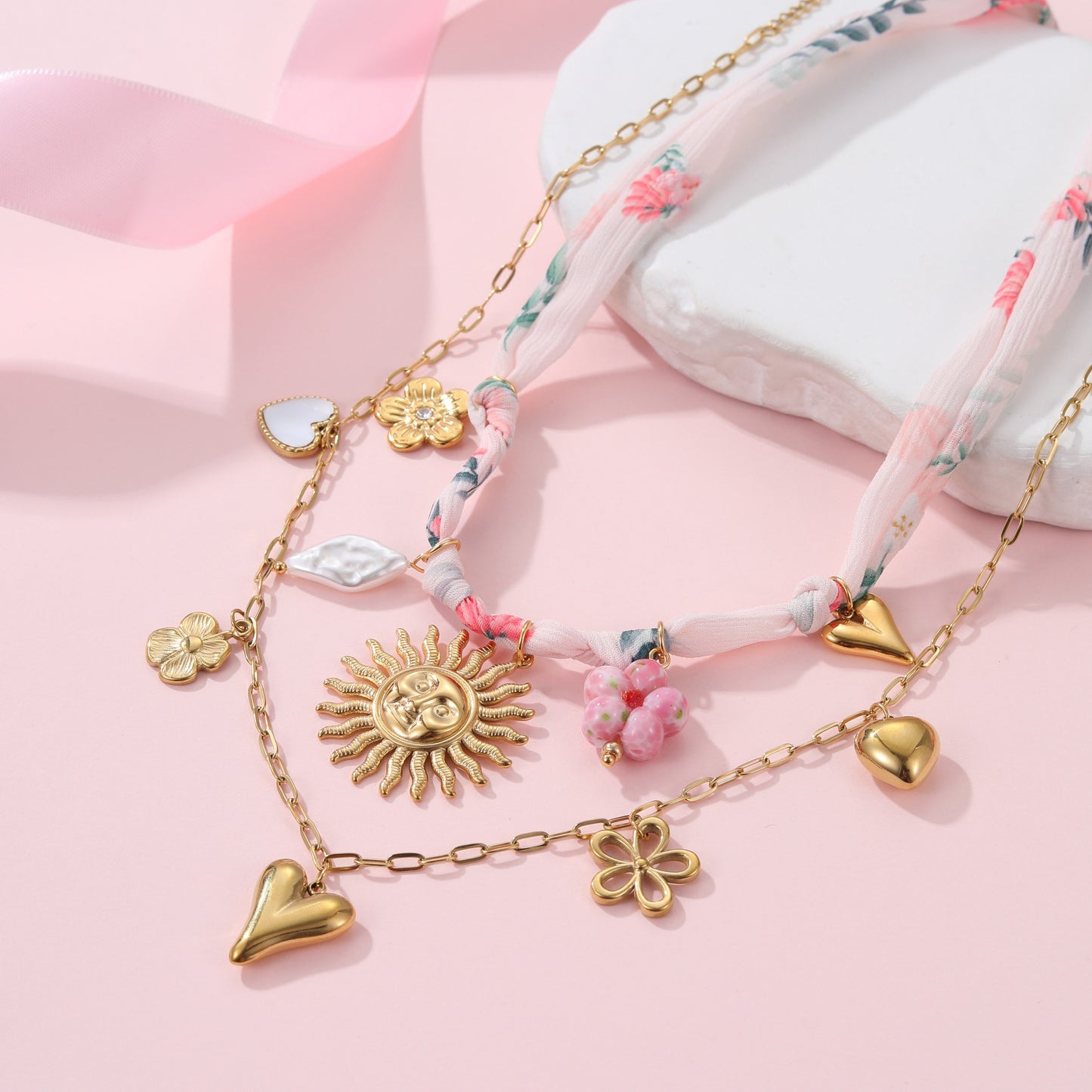 Fashionable Geometric Sun and Heart Pendant Necklace in Stainless Steel with Plated Finish for Women