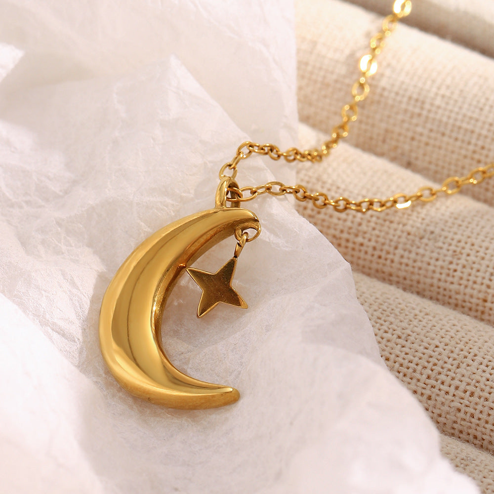 Minimalist Moon and Star Pendant Necklace in Stainless Steel with 18K Gold Plating for Women