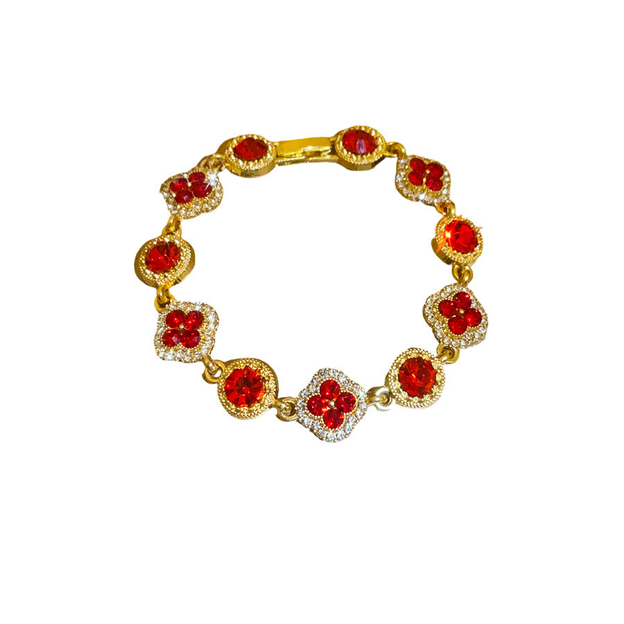 Vintage Floral Rhinestone Inlay Brass Bracelet for Women
