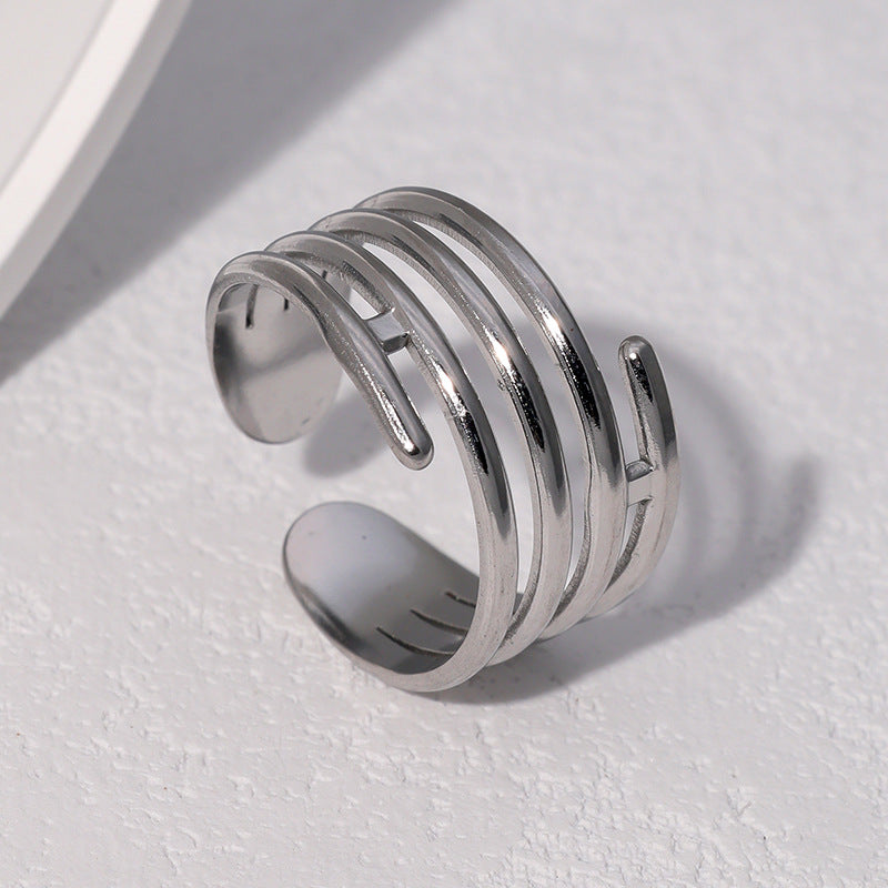 Anello Aperto Regolabile in Acciaio Inossidabile Geometrico Minimalista con Finitura Placcata per Donna
