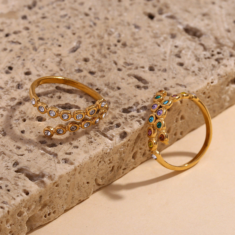 Creative Geometric Stainless Steel Ring with 18K Gold Plating and Micro-Pavé Rhinestones for Women