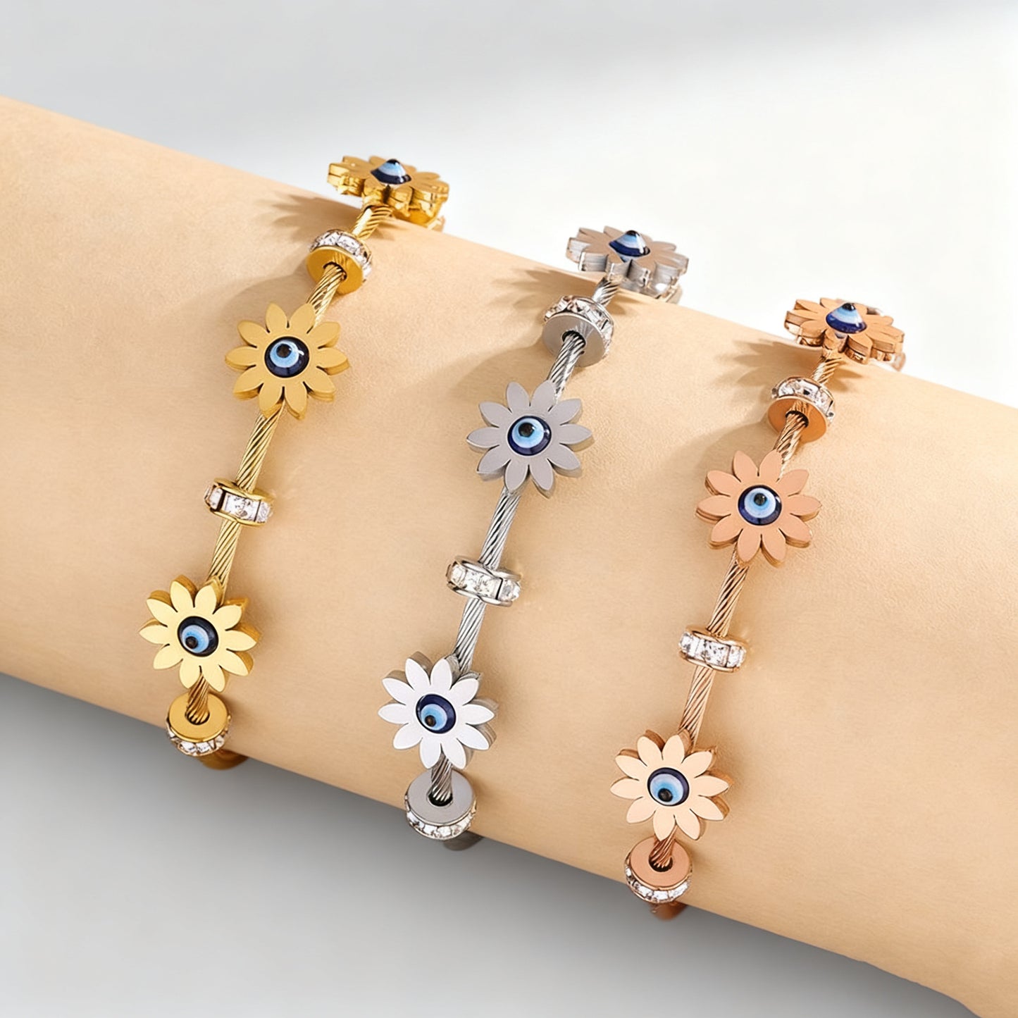 Casual Round Geometric Plated Stainless Steel Bracelet with Evil Eye and Sunflower Design