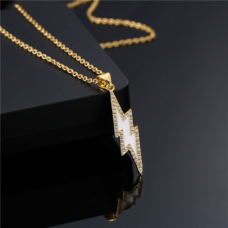 18K Gold Plated Brass Geometric Lightning Bolt Pendant Necklace with Cubic Zirconia and Drip Oil Detail on Cable Chain