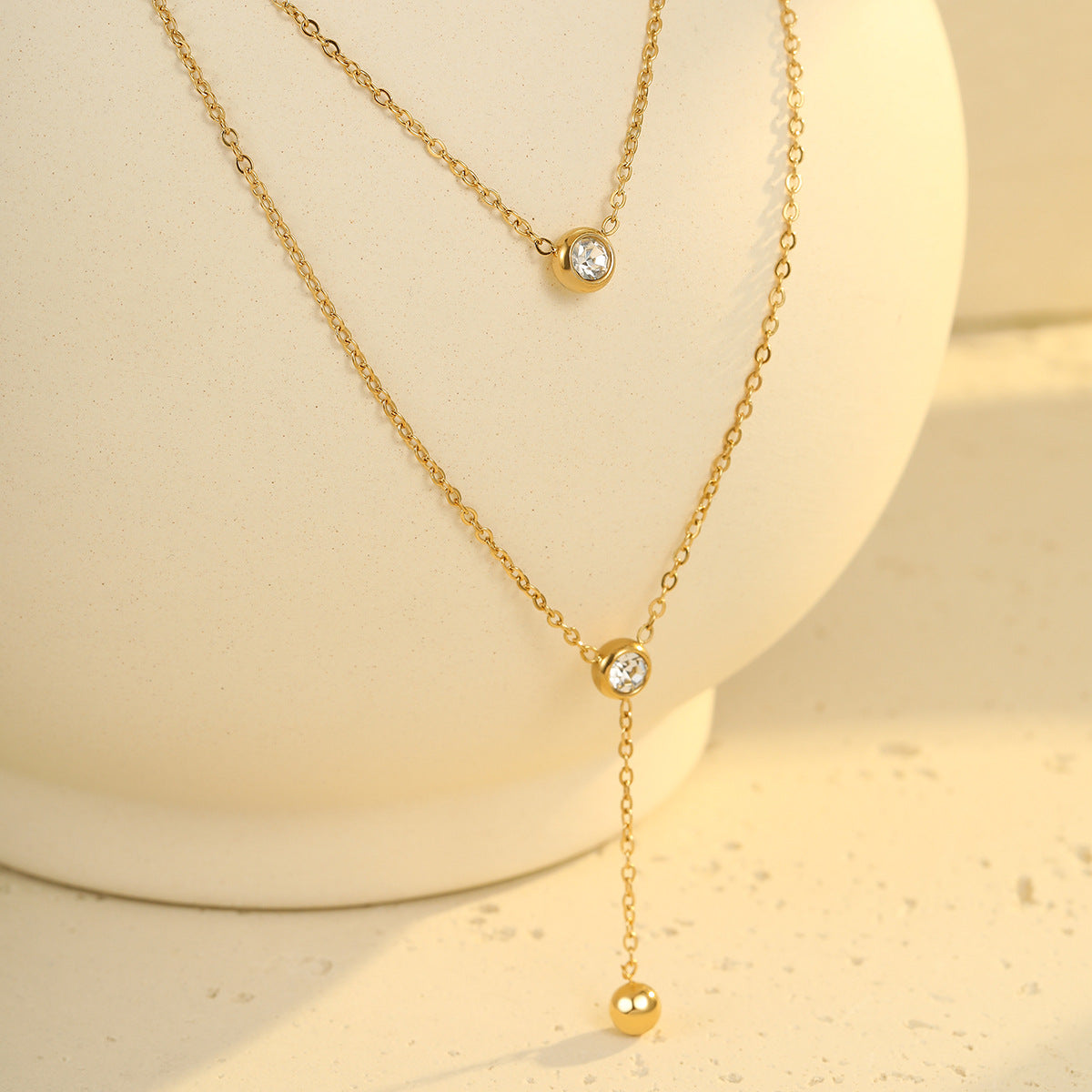 Minimalist Double-Layer Tassel Pendant Necklace in Stainless Steel with Electroplated Finish for Women