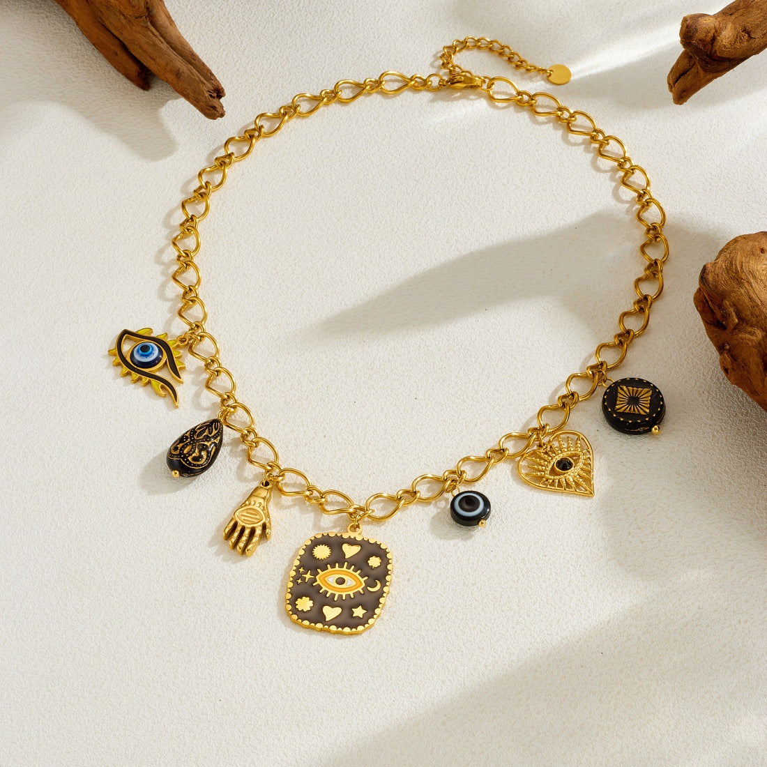 Gothic Drip Oil Gold Plated Stainless Steel Square Round Heart Geometric Eye Palm Necklace for Women