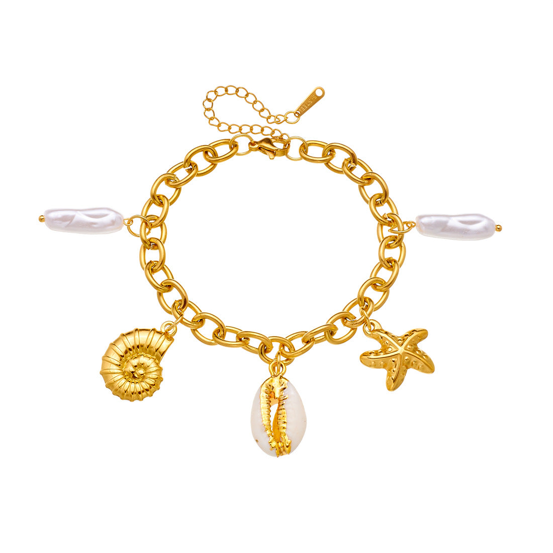 Fashion Gold Plated Starfish and Conch Shell Pendant Stainless Steel Bracelet for Women