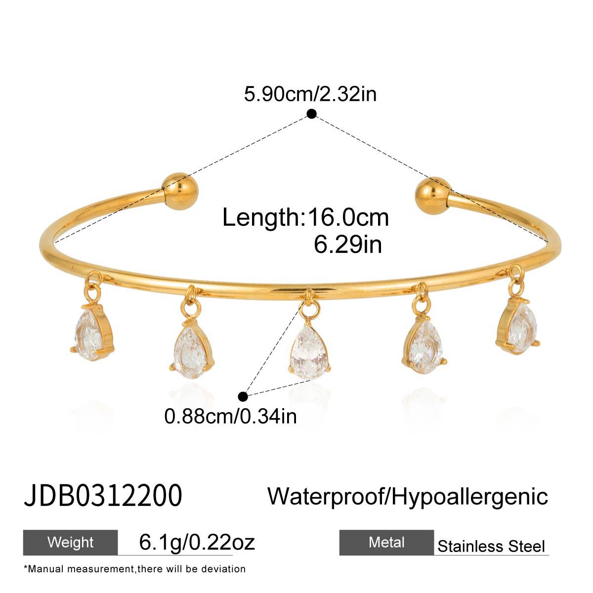18K Gold Plated Stainless Steel Teardrop Cubic Zirconia Tassel Bracelet