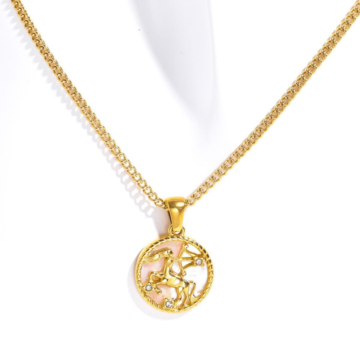 18K Gold Plated Titanium Steel Round Zodiac Coin Necklace PVD Finish Unisex
