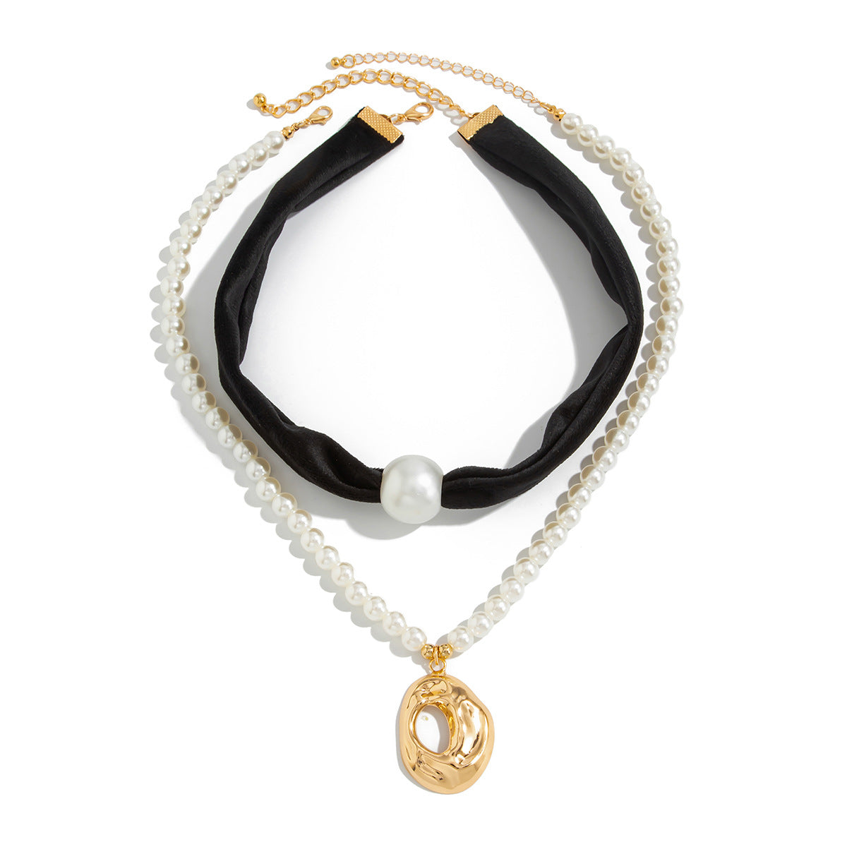 Luxury Elegant Round Geometric Alloy Pendant Velvet Beaded Choker Necklace for Women