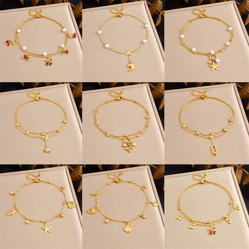 Double Layer Stainless Steel Anklet with Rhinestone Cherry Starfish Flower and Star Moon Charms for Women