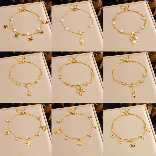 Double Layer Stainless Steel Anklet with Rhinestone Cherry Starfish Flower and Star Moon Charms for Women