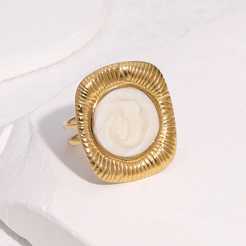 Minimalist Geometric Stainless Steel Open Ring for Women with 18K Gold Plating and Enamel Finish
