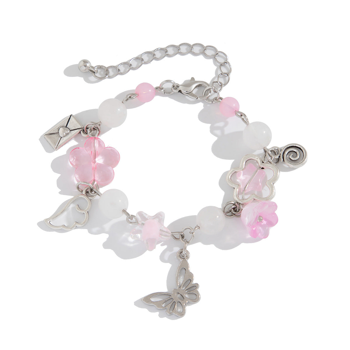 Pulsera minimalista dulce con mariposa, lazo, borla, estrella y corazón para mujer con perla de imitación y acabado chapado