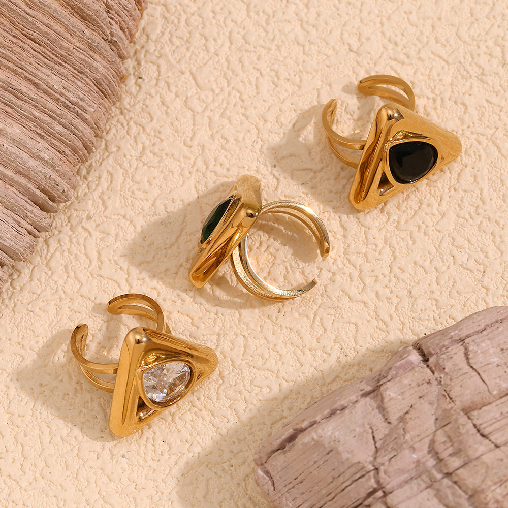 Fashionable Geometric Stainless Steel Ring with 18K Gold Plating and Teardrop Rhinestone Accents for Women
