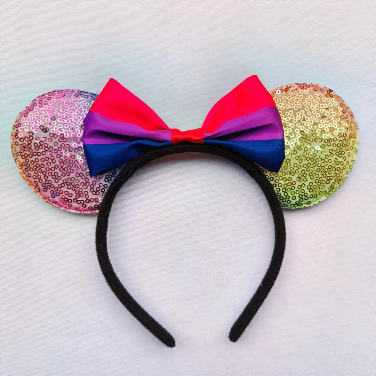 Cartoon Mickey Mouse Ear Headband with Rainbow Sequins and Bow for Theme Parties