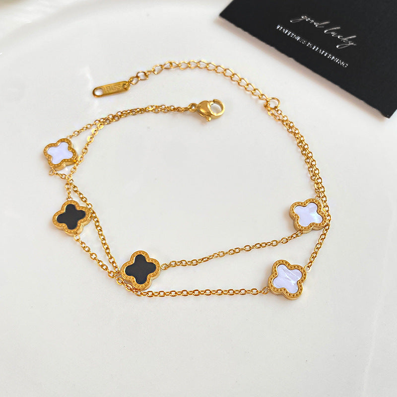 Gold Plated Titanium Steel Micro-inlay Shell Four-leaf Clover Double Layer Bracelet