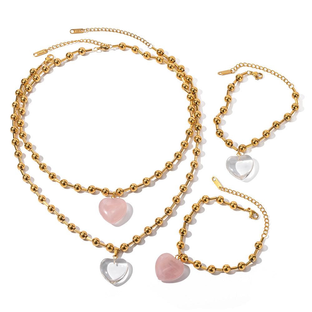 Collana trendy con cuore geometrico in perline di vetro trasparente in acciaio inossidabile placcato oro 18 carati con catena a strati rotonda da donna