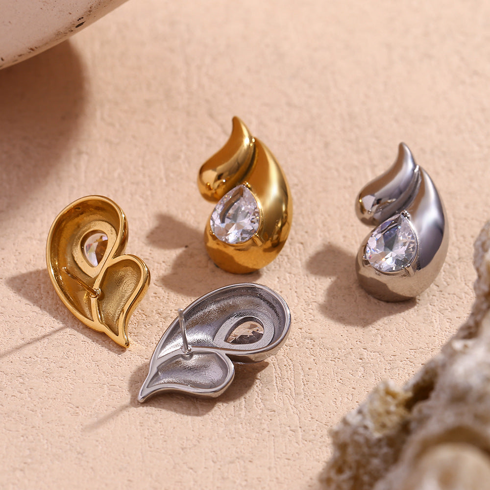 Minimalist Teardrop-Shaped Stainless Steel Earrings with 18K Gold Plating and Zircon Accents for Women