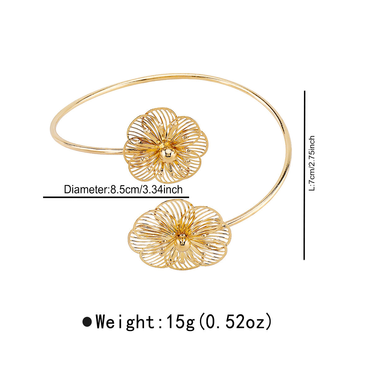 Bracciale da donna a polsino con fiore 3D traforato minimalista con finitura placcata