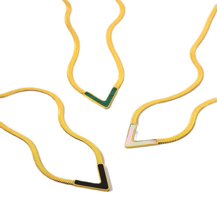 Minimalist V-Shaped Titanium Steel Necklace for Women with Flat Snake Chain and Letter Accent