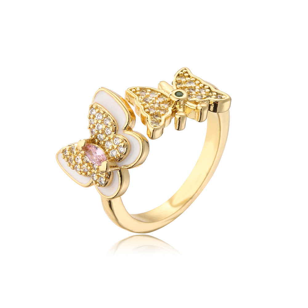 Anello a farfalla aperto stile naturale in rame placcato oro 18K con zirconi micro-incastonati
