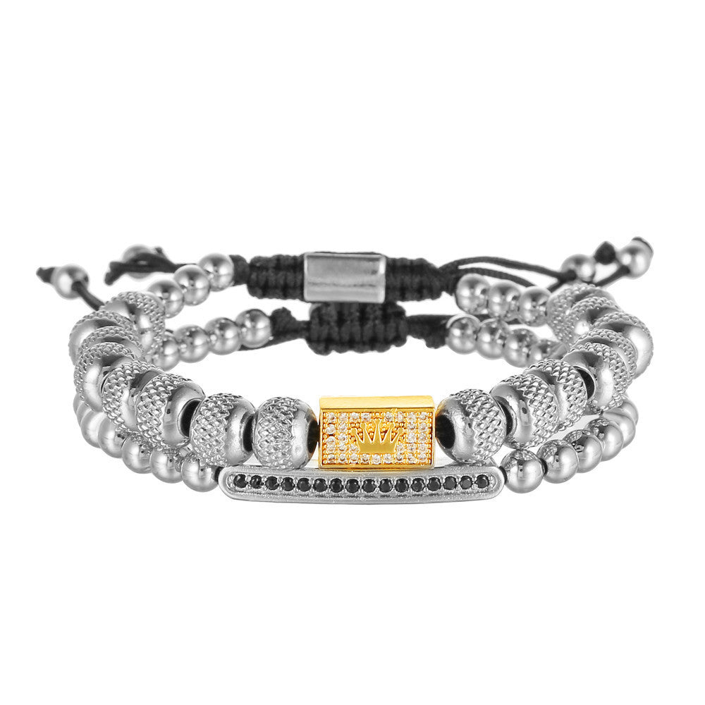 Vintage Punk Geometric Plated Titanium Steel Bracelet Set with Crown and Roman Letter Elements for Men and Women