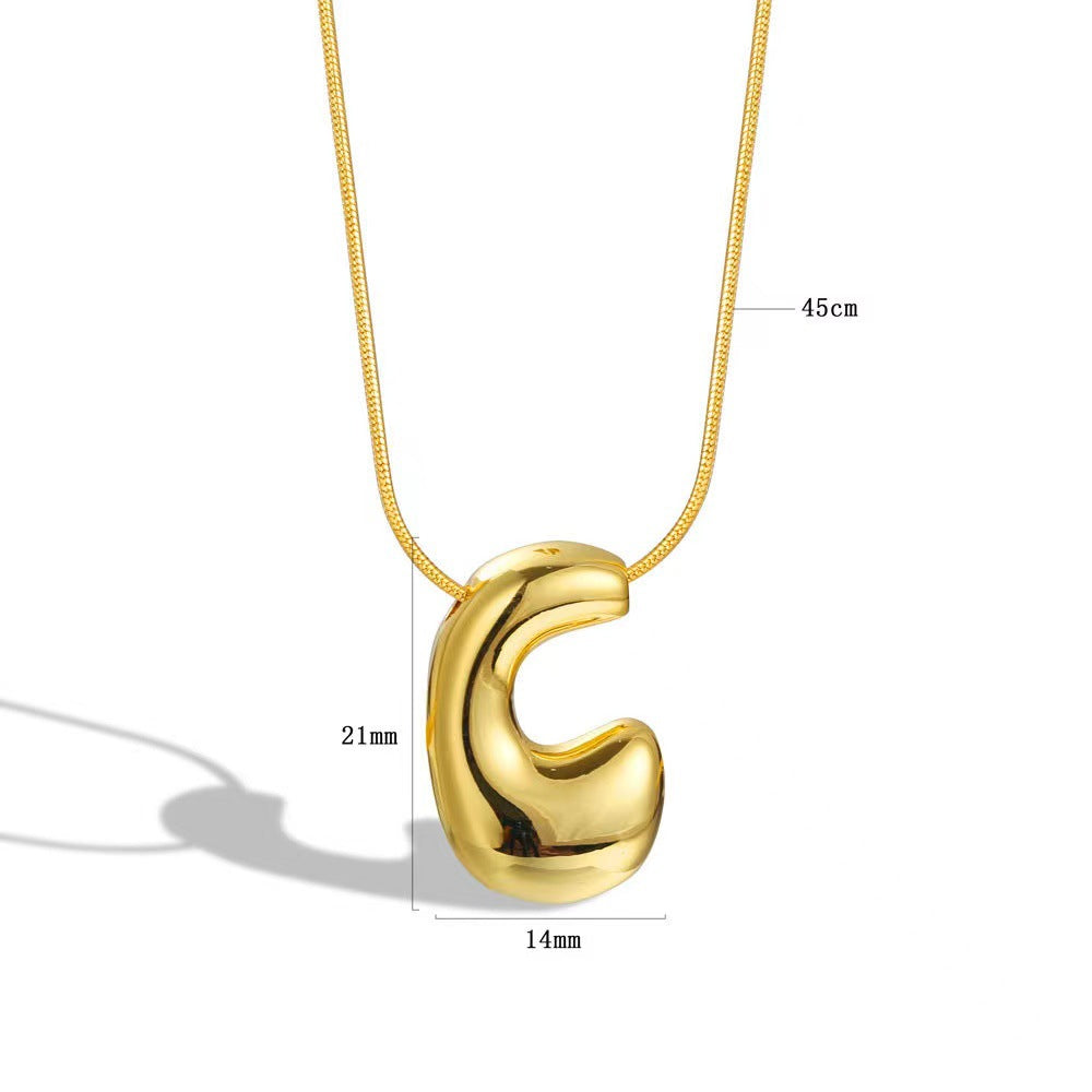 Luxury Balloon Bubble-Shaped Letter Necklace in Titanium Steel with Gold Plating, Snake Chain, Unisex Alphabet Pendant Jewelry
