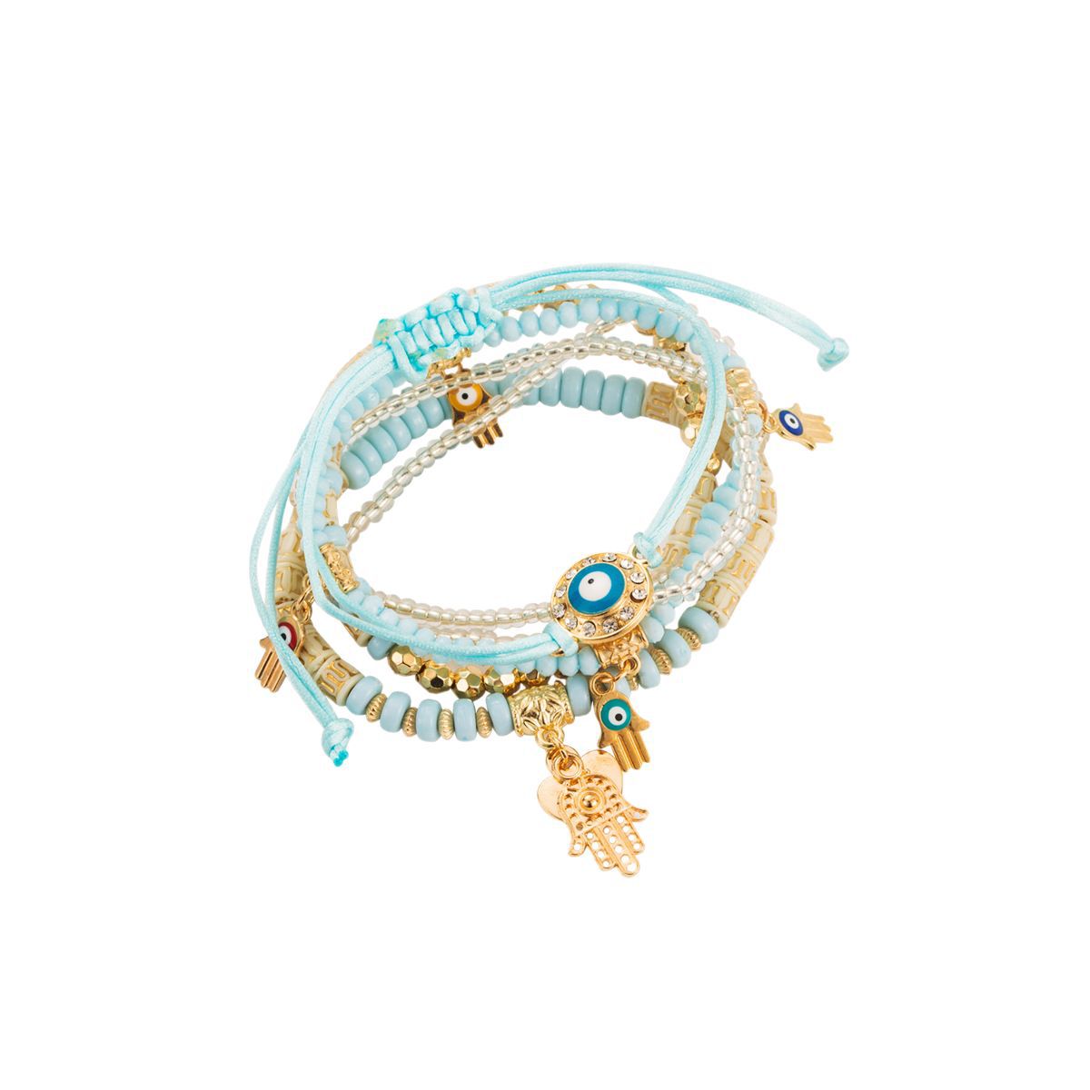 Set di bracciali multistrato esotici con perline infilate a mano, con design a forma di occhio in lega e perline di conteria per donna