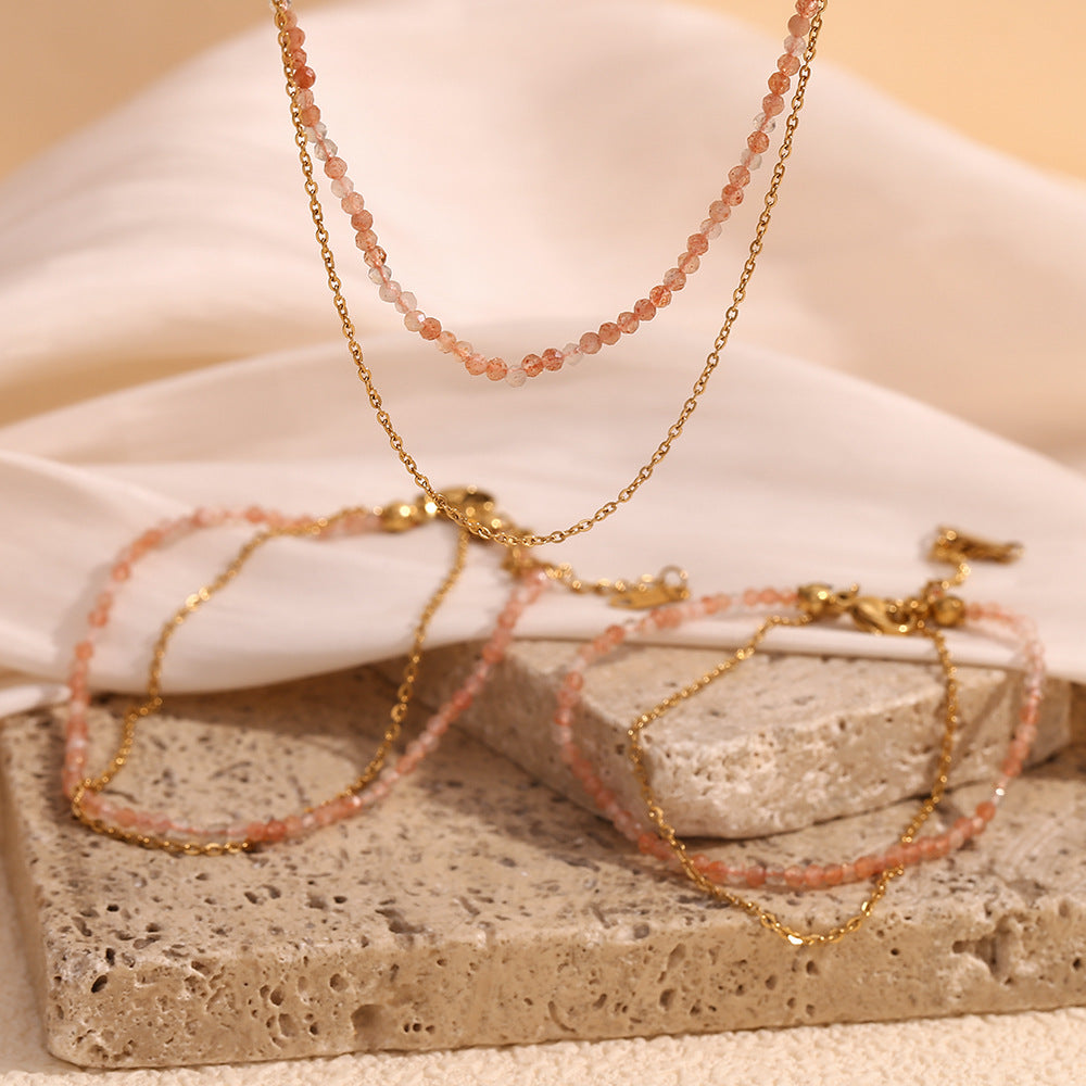 Collana da donna alla moda con perline in pietra del sole, geometrica, in acciaio inossidabile placcato oro 18 carati, design a doppio strato con catena a maglie ovali