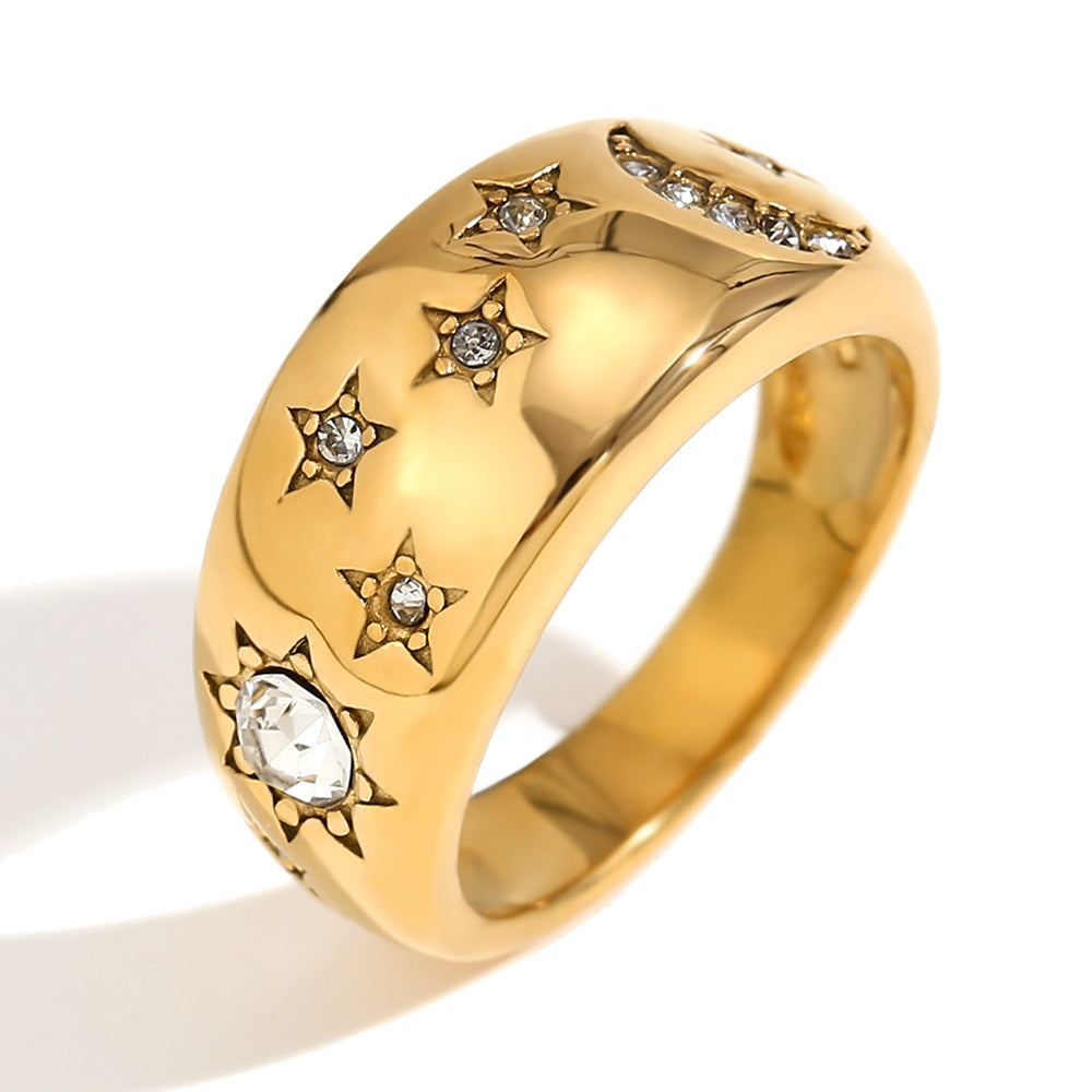 Fashionable Minimalist Star and Moon Shaped Stainless Steel Plated 18K Gold Bracelet with White Rhinestones for Women