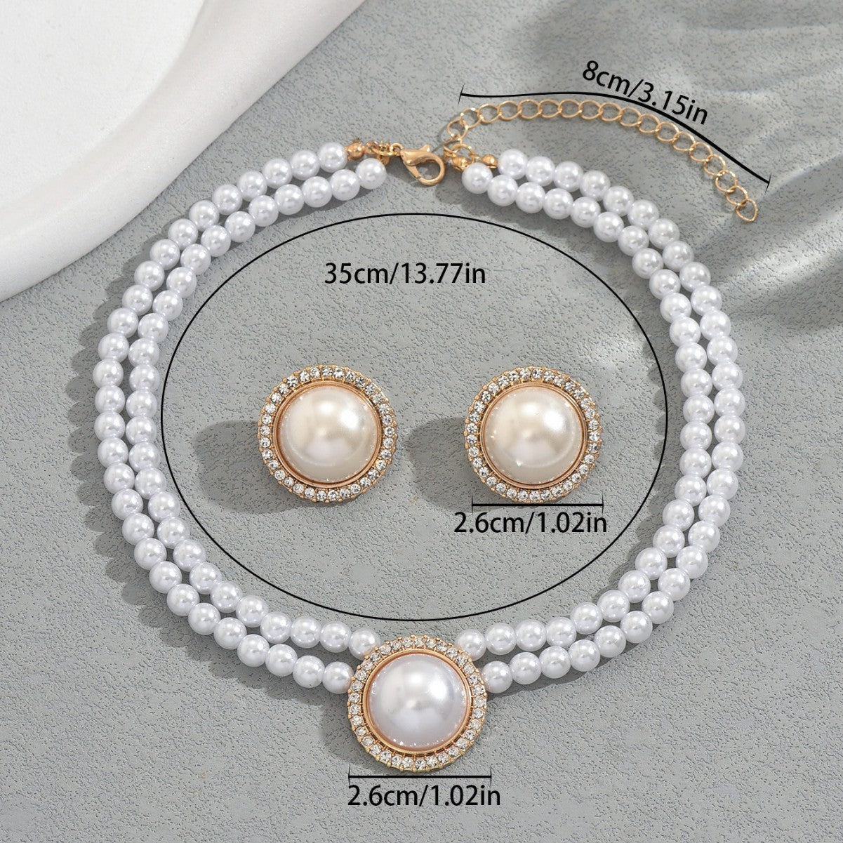 Set di collana e orecchini geometrici con perle da donna, con ciondolo in madreperla, intarsio di strass e catena di perle