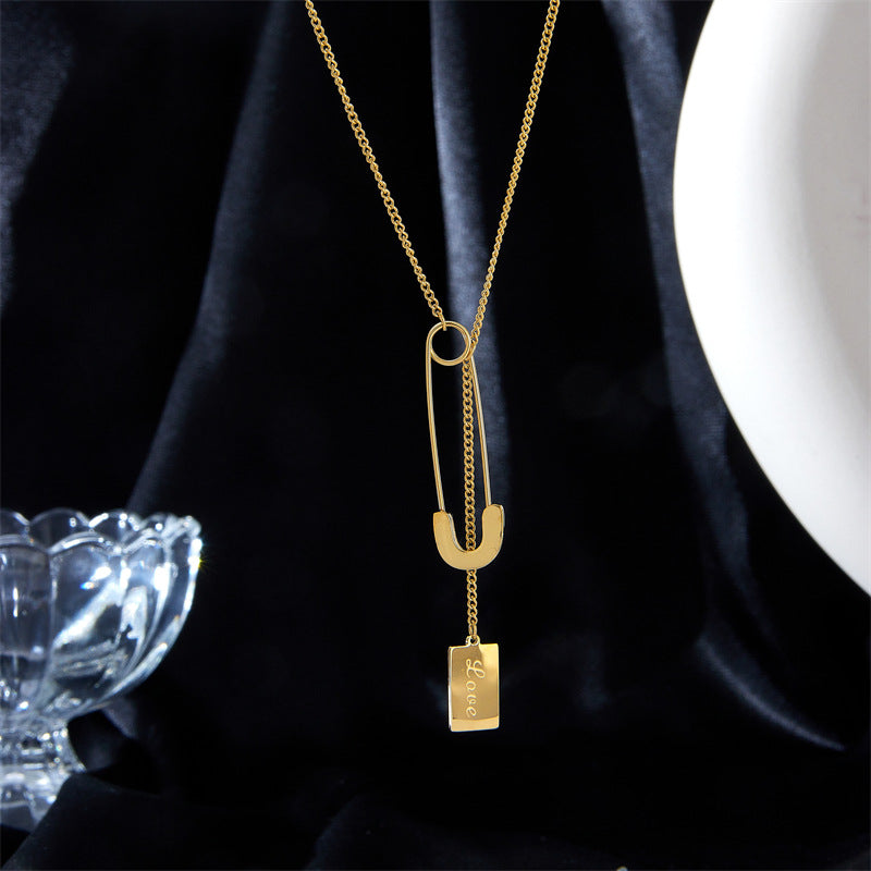 Minimalist Cold-Tone Titanium Steel Square Pendant Necklace with Safety Pin Detail on Standard Chain