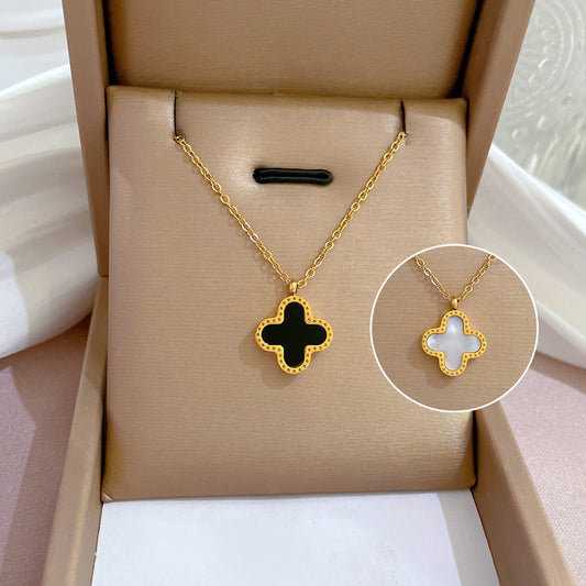 Cadena de cuello de acero de titanio con diseño floral geométrico para mujer con nácar y baño de oro
