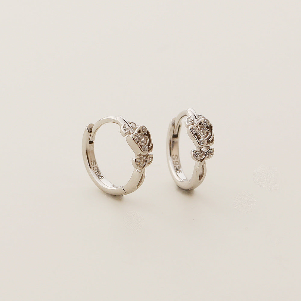 Pendientes Retro Florales con Forma de Rosa de Plata de Ley S925 con Incrustaciones de Diamantes de Imitación para Mujer