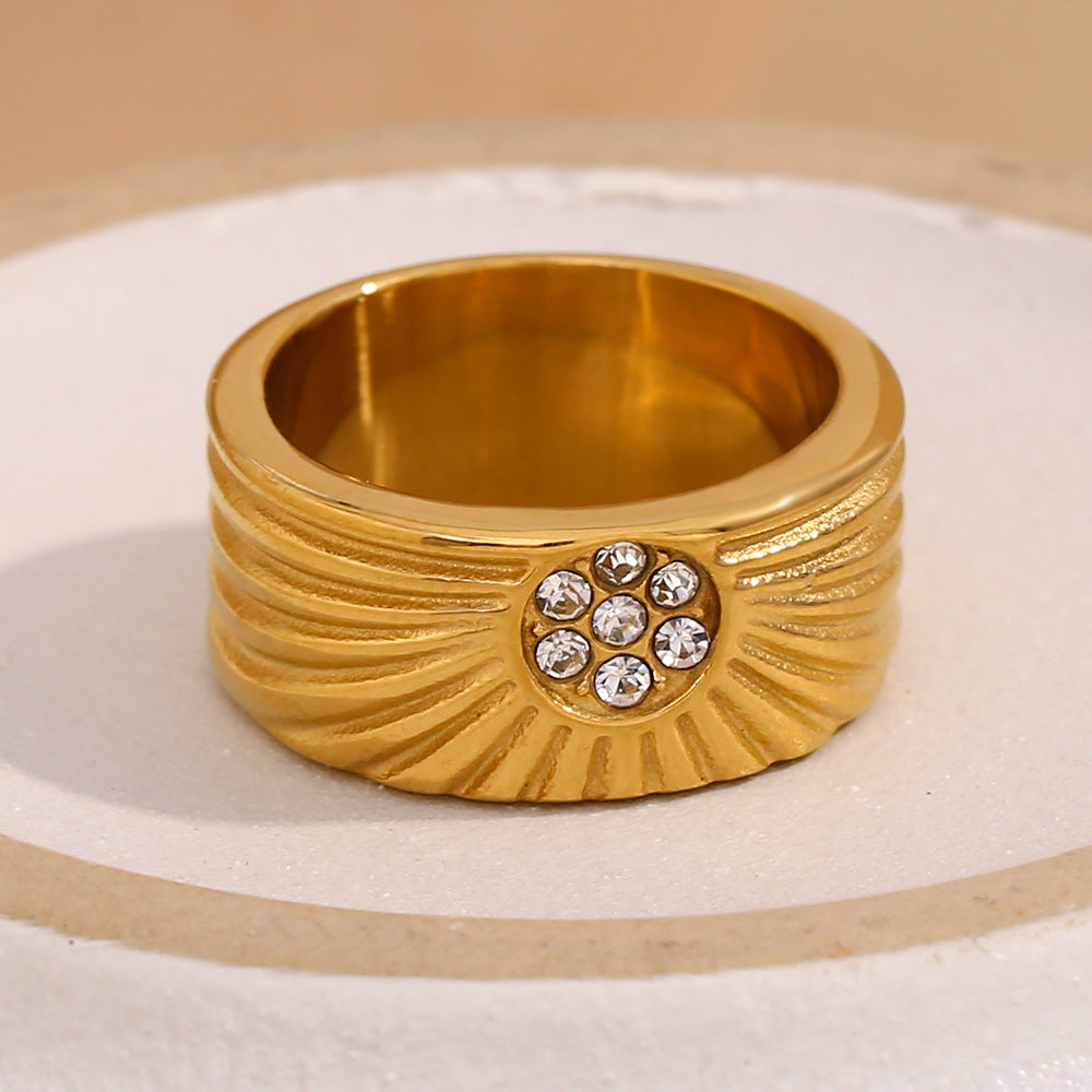 Minimalist Geometric Stainless Steel Ring with 18K Gold Plating and Round Zirconia for Women