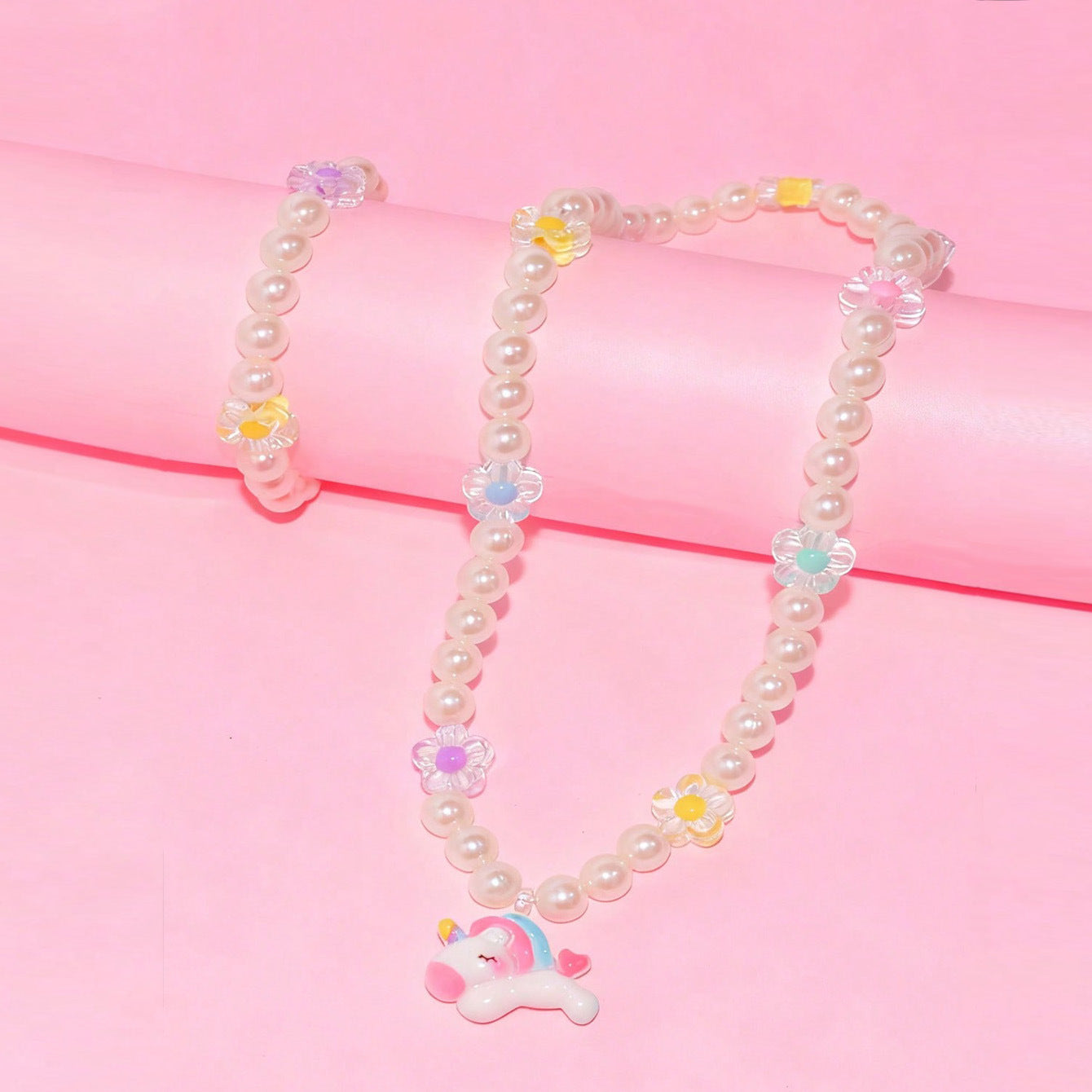Cartoon Unicorn Resin Necklace for Girls with Round Bead Chain Adjustable Length Princess Style Children's Jewelry Set