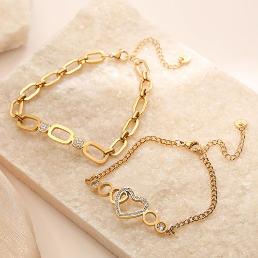 Bracciale da donna in acciaio inossidabile placcato oro 18K con zirconi incastonati a forma di cuore geometrico minimalista