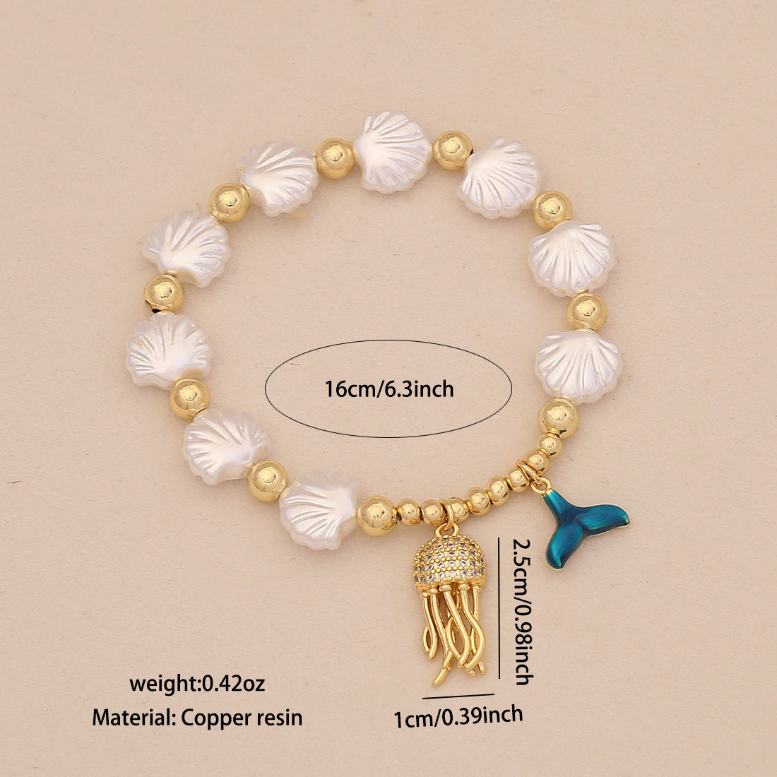 Braccialetto Artigianale Originale in Rame e Plastica con Perline Imitazione Perla, Stella Marina, Conchiglia, Tartaruga Placcato Oro 18K Gioielli da Donna