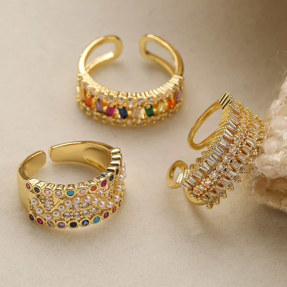 Anello Aperto Geometrico da Donna in Ottone con Placcatura in Oro Vero e Zirconi Micro-Incastonati, Gioielli di Lusso Minimalisti alla Moda