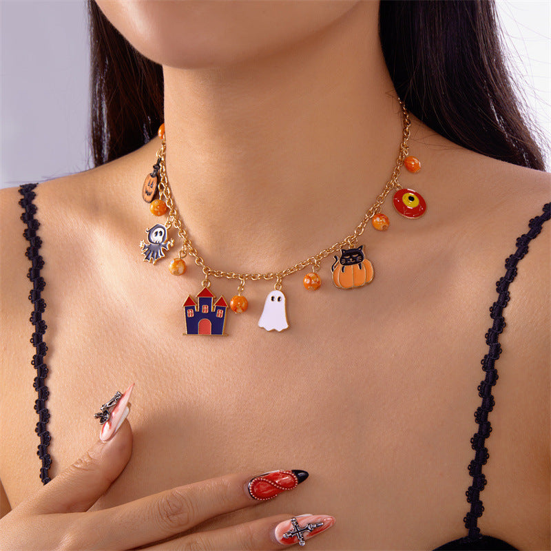 Collar con colgante de calavera de calabaza de Halloween dulce y atrevido de aleación con acabado galvanizado, unisex