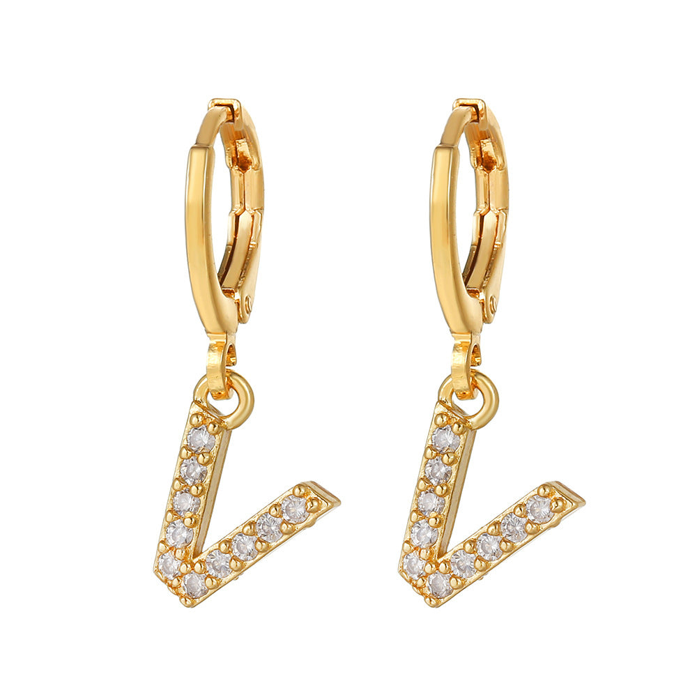 Minimalist Elegant Gold Plated Brass Micro-Inlaid Cubic Zirconia Letter Hoop Earrings for Women